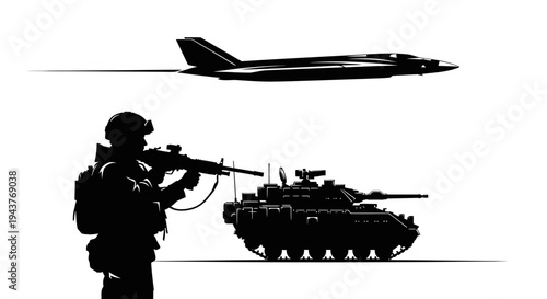 Silhouette of Soldier, Tank, and Jet Fighter in Combat Formation