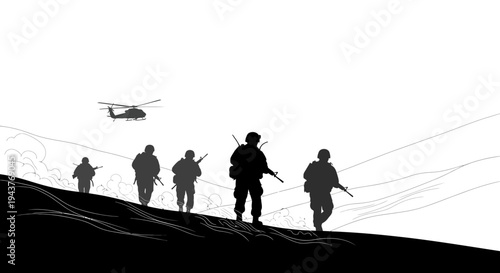 Silhouette of soldiers marching with helicopter in the sky, symbolizing military operation and teamwork.