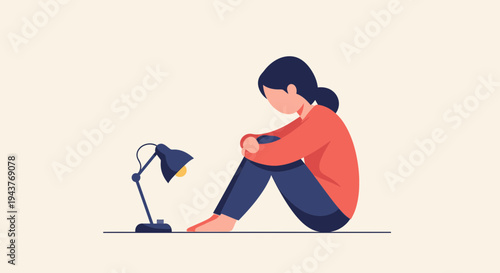 A person sitting thoughtfully beside a desk lamp, isolated illustration of solitude and contemplation