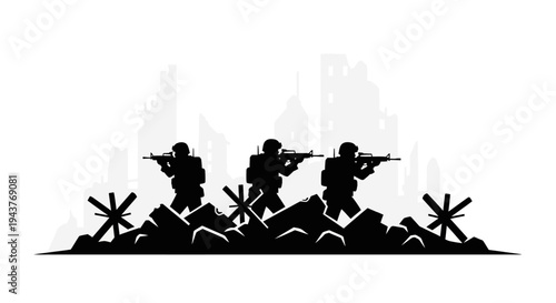 Silhouette Soldiers Advancing Through War-Torn City Ruins with Barricades