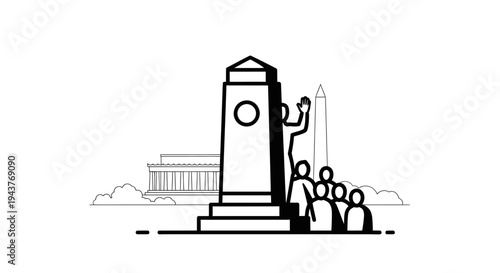 Sketch of a monument with a waving figure and crowd, symbolizing celebration or remembrance.
