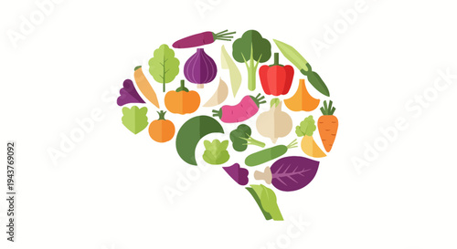 Brain formed from fresh fruits and vegetables symbolizing healthy eating and cognitive function