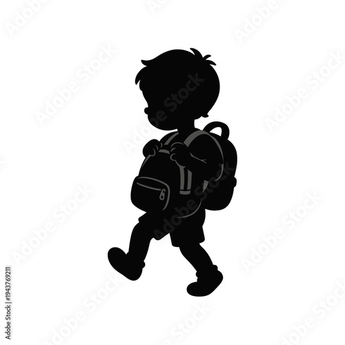 Silhouette of a Little Boy Walking to School with Backpack