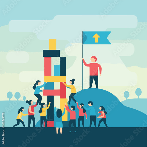 A team builds a structure, someone waves a flag, representing success