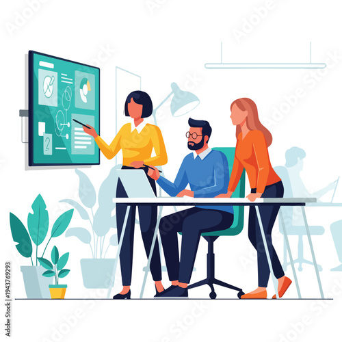 A team collaborating during a business meeting. One presents data on a screen