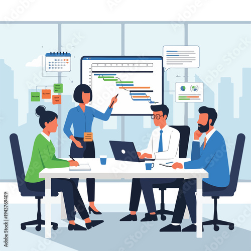 A team conducts a meeting to review project plans and schedule