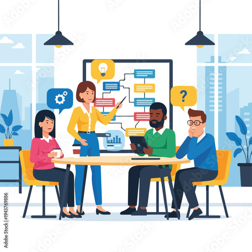 A team is brainstorming in an office with a flowchart