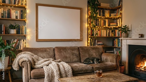 Cozy living room with fireplace with bookshelf, cat, and and empty frame for text.