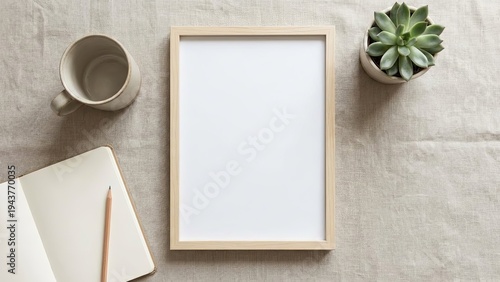 Minimalist workspace flat lay blank frame with notebook, coffee, and plant.