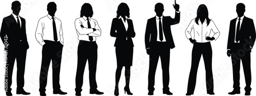 Business men and women silhouettes standing confidently isolated on white background, professional corporate people expressing leadership, teamwork, and workplace communication concepts