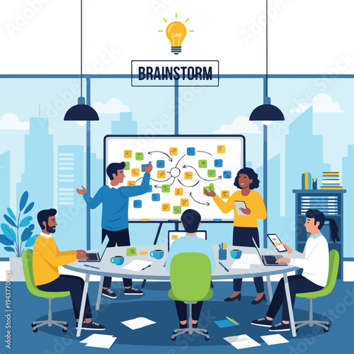 A team is brainstorming in an office, working on ideas together