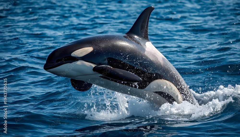 Fototapeta premium Orca in the Ocean: A magnificent orca breaches the surface of the vast ocean, showcasing its sleek form and striking black-and-white patterns, symbolizing the majesty of the sea.