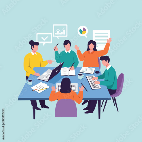 A team is having a meeting around a table, collaborating and brainstorming