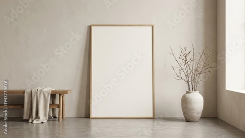 Minimalist interior mockup with blank poster frame with bench  dried branches.