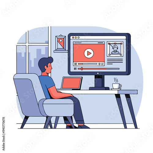 A person watches a video on a computer in a modern setting