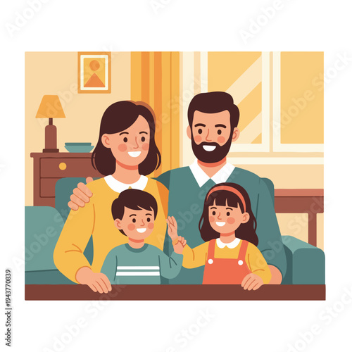 A smiling family portrait in an illustrated interior setting, with two children