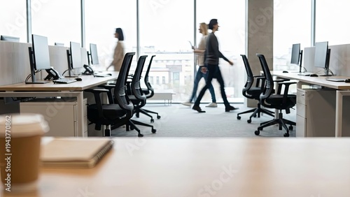 Blurred office workers walk past empty desks in modern bright workspace.