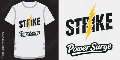 Modern stylish tshirt design with bold lightning strike and power surge text perfect for sports and energythemed apparel or graphic resources