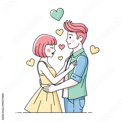 A smiling couple, embracing with floating hearts, expresses love