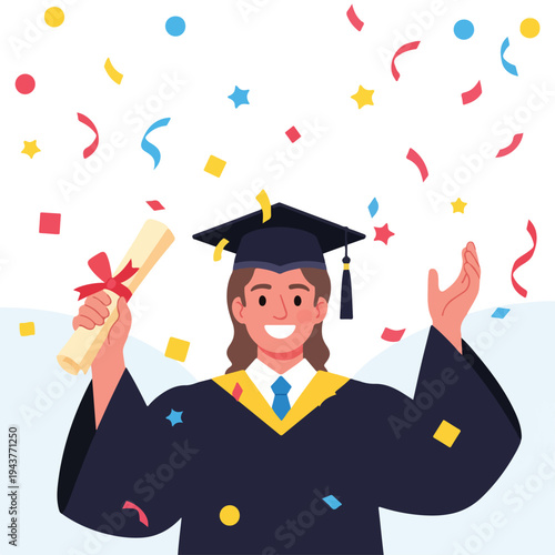 A smiling graduate, confetti falling, holding diploma