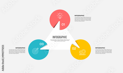 Three step business infographic with a central triangle and circular steps. Vector illustration.