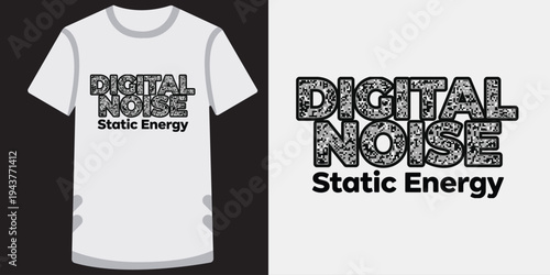 Modern tshirt design featuring digital camouflage text pattern with static energy theme perfect for tech enthusiasts and trendy fashion lovers