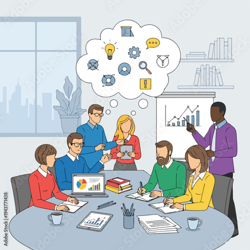 A team is meeting for a business strategy brainstorm session