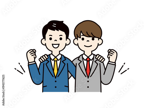 笑顔で頑張る・応援する、2人の新入社員・会社員・サラリーマンの上半身ベクターイラスト素材