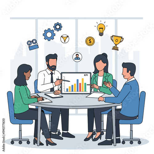 A team meets around a table analyzing a bar graph and strategizing