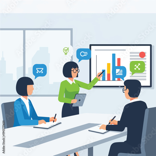 A team meets, discussing a presentation with charts on the screen