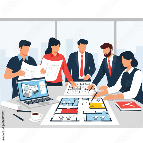 A team of architects working on floor plans and a building model on a laptop