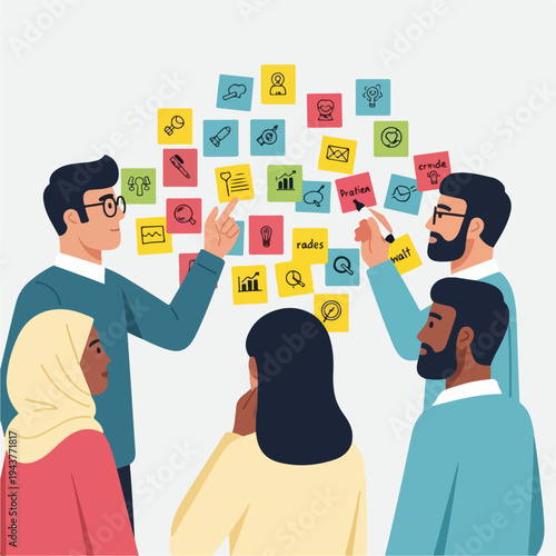 A team of people brainstorms and discusses ideas with sticky notes