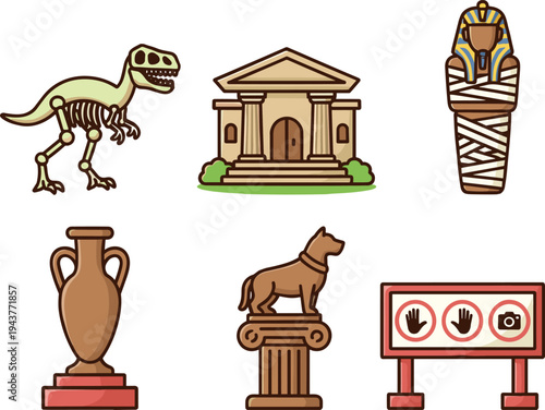 Ancient history and archaeology icons collection including dinosaur skeleton, classical temple, egyptian mummy, amphora vase, statue and museum sign illustration set