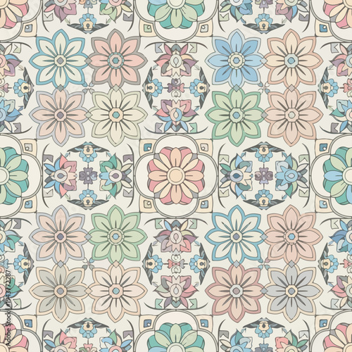 A tiled design featuring floral patterns in pastel shades
