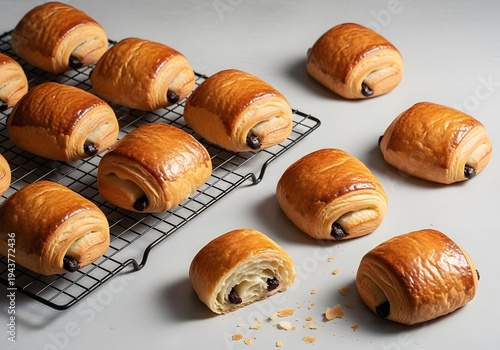 Freshly baked pain au chocolat pastries on a cooling rack and surface