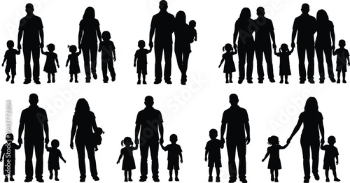Family silhouettes with parents and children holding hands isolated on white background, representing love, care, unity, parenting, and family life concept