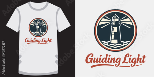 Vintageinspired tshirt design featuring a stylized lighthouse logo with guiding light text perfect for nautical themes and maritime enthusiasts