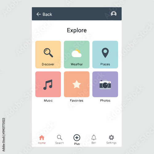 A UI screen features navigation, icons, and buttons for different sections