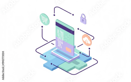 Secure digital transaction processing illustration featuring an isometric credit card, shopping cart, security lock, and cloud infrastructure for modern e-commerce payments