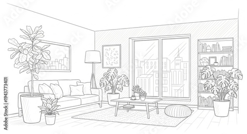 Modern Living Room Interior with Large Windows and Comfortable Furniture.