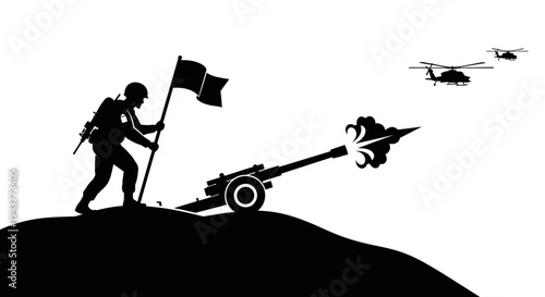 Silhouette Soldier with Cannon and Helicopters, Military Victory Concept