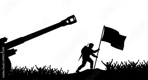 Silhouette Soldier Raises Flag Victory Crowd Artillery Gun Background