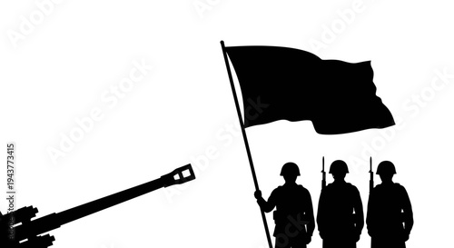 Silhouette of soldiers with flag and cannon, symbolizing war, victory, and patriotism.