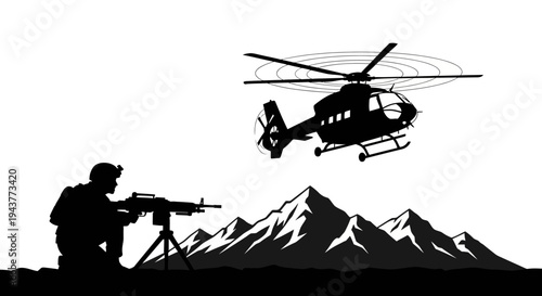Silhouette Soldier with Machine Gun and Helicopter Over Mountains