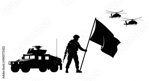 Silhouette Soldier with Flag, Military Helicopter, and Humvee on White Background
