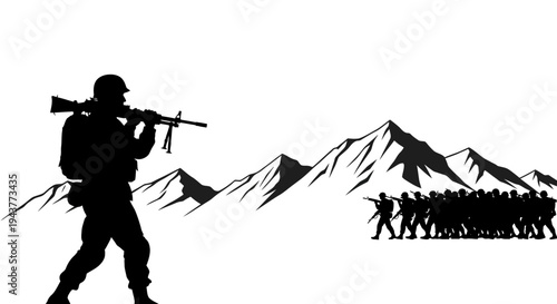 Silhouette Soldier with Rifle Facing Mountain Landscape and Marching Troops