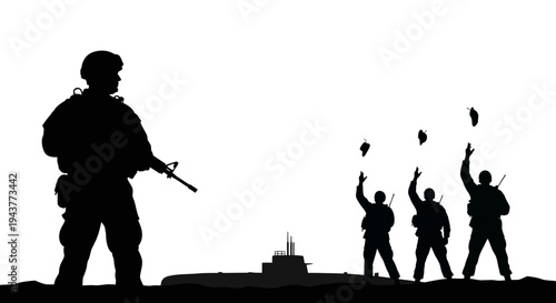 Silhouette Soldiers Celebrate Victory with Submarine Offshore