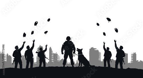 Silhouette soldiers and dog celebrating victory with grenades in ruined city background