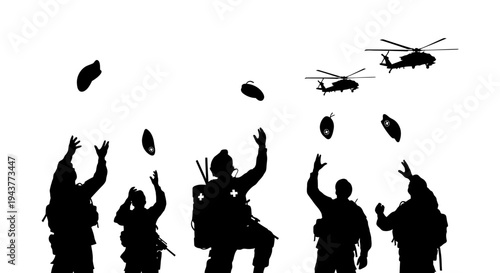 Silhouette Soldiers Throwing Grenades with Helicopters in Sky