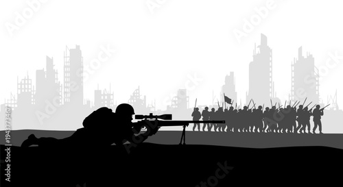 Sniper Aiming at Approaching Army Silhouette in Ruined Cityscape